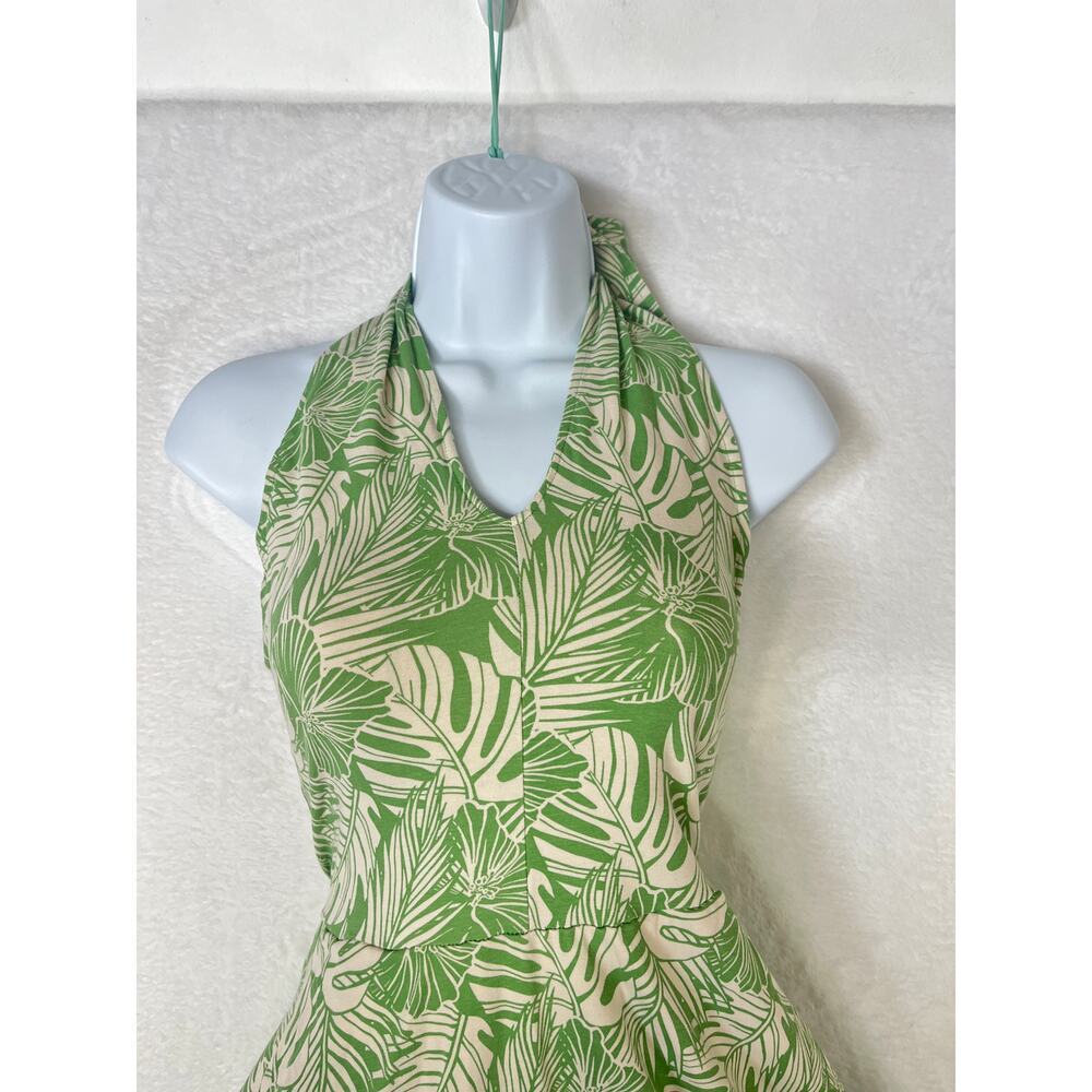 Pact Organic Cotton Sage Green Halter Neck Dress Tropical Monstera Leaf sz S - Picture 2 of 6